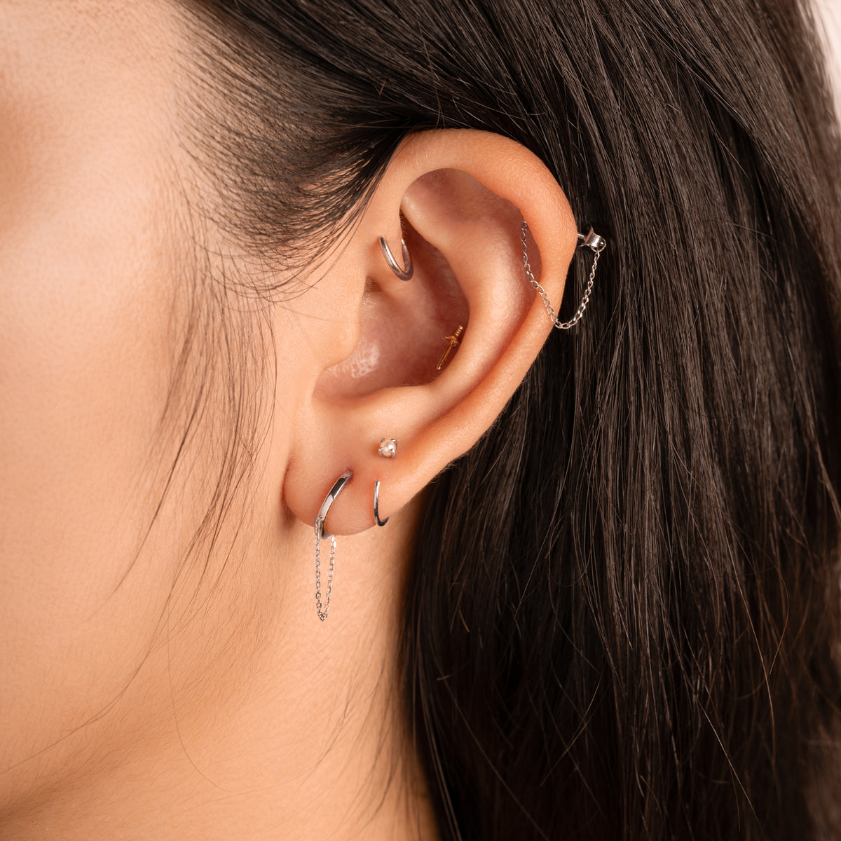 Boucles d'oreilles puces en chaîne en or blanc massif 14K