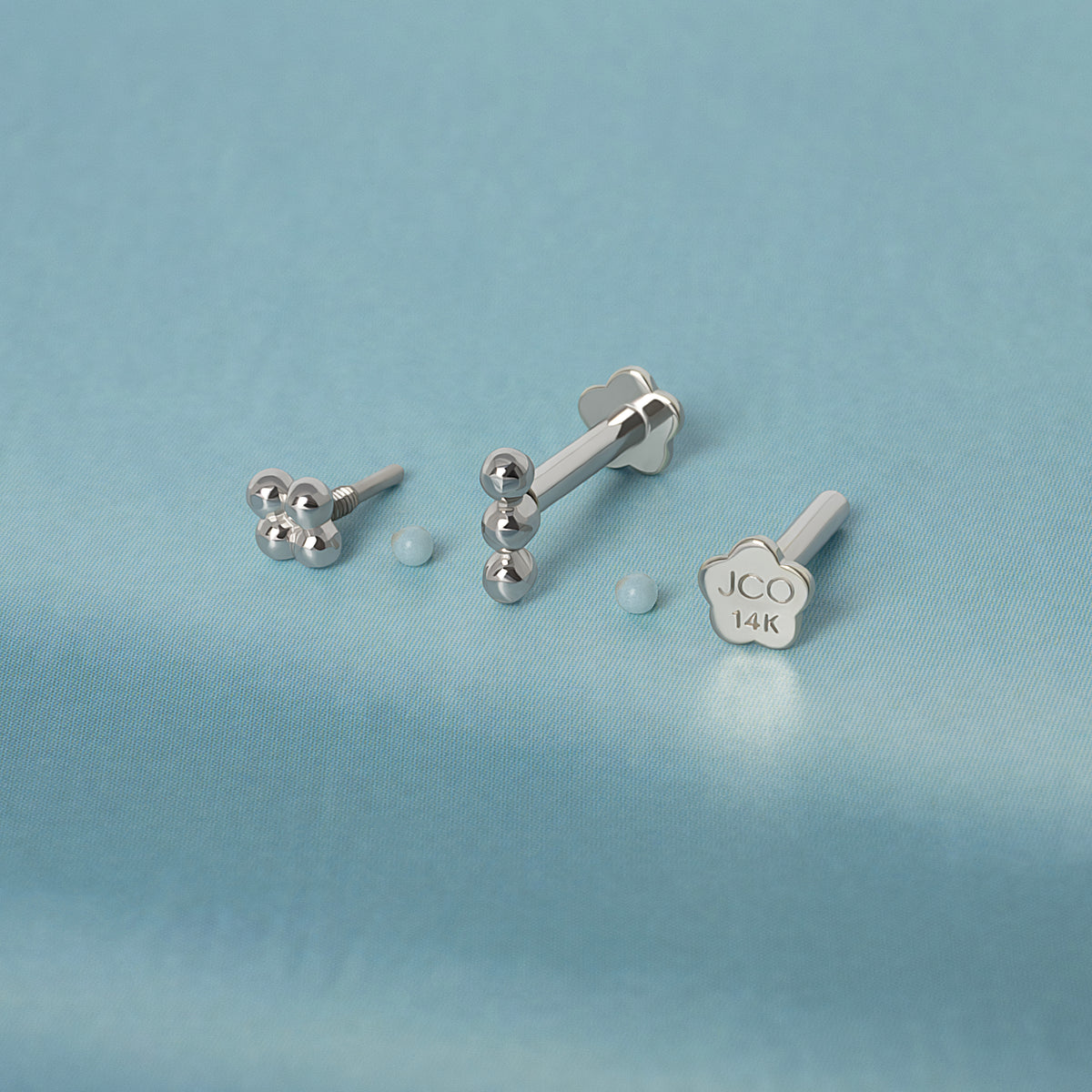 ต่างหูแบนหลังแบบฟองสบู่สามชั้นขนาดเล็กทองแท้ 14K