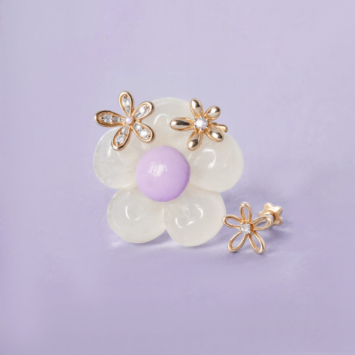 14K solid gull Floraison diamant flatbak øredobb
