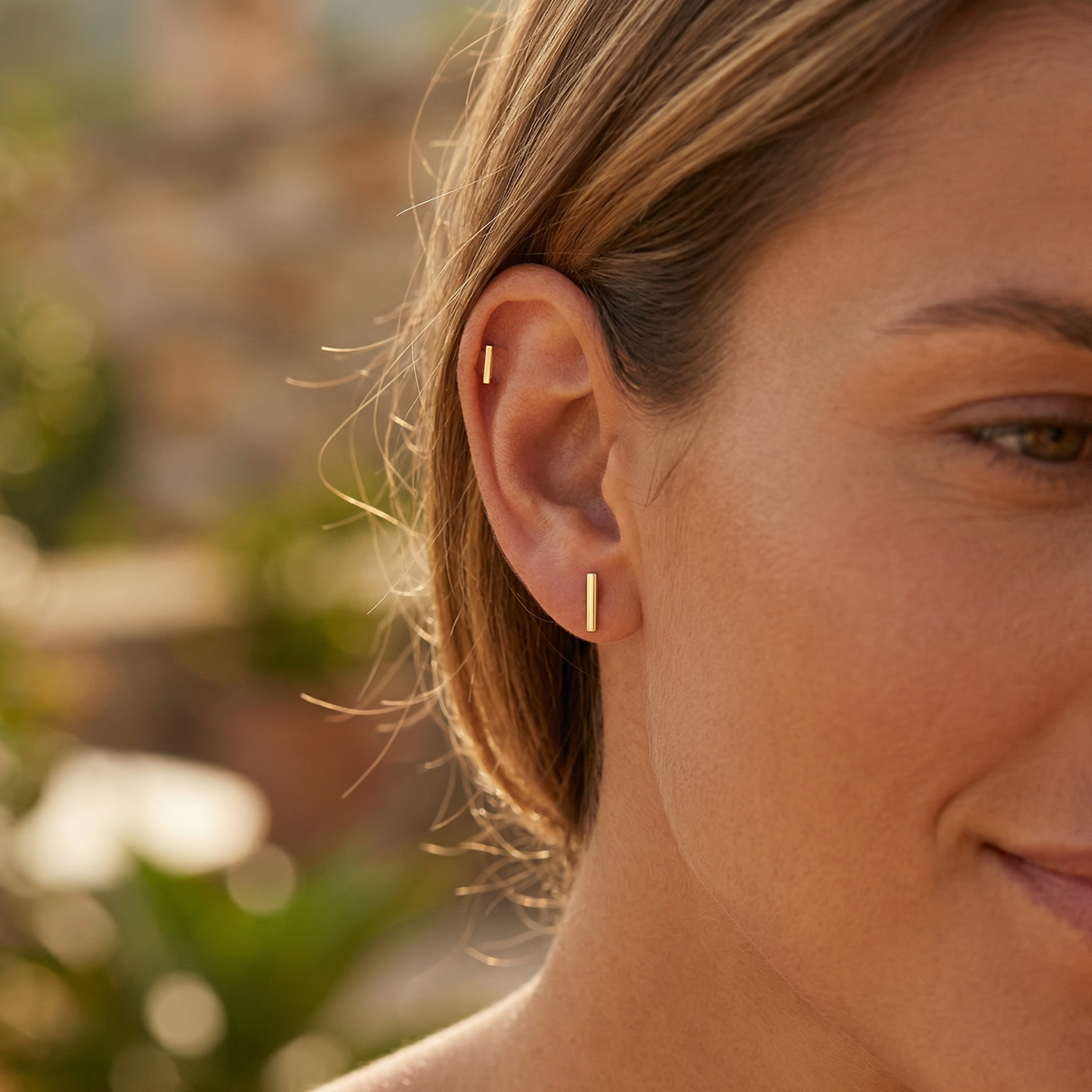 14K Solid Gold Micro Bar Flatback Earring