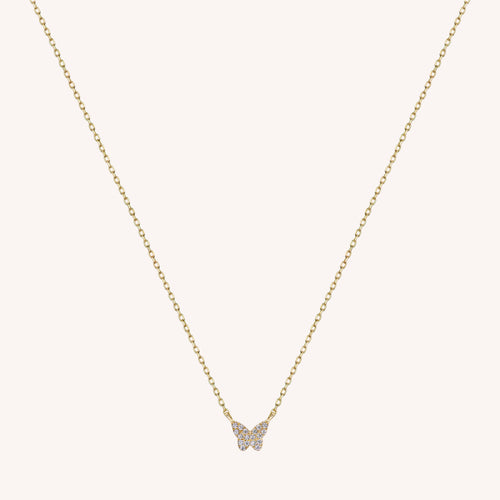 Collier en or solide 14K avec mini papillon en diamant pavé