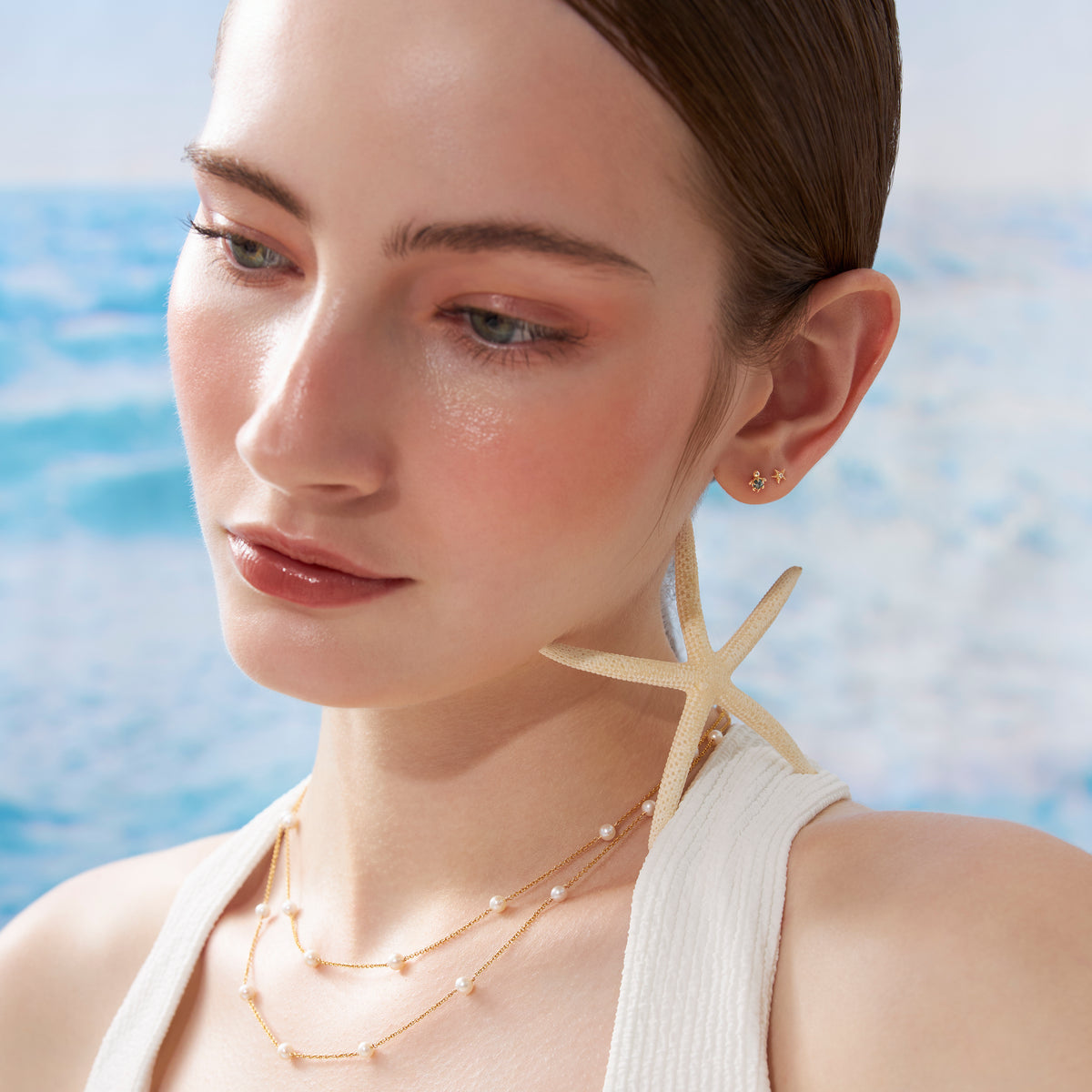 ต่างหูแบนรูปปลาดาวเพชรเล่นสนุกทองแท้ 14K