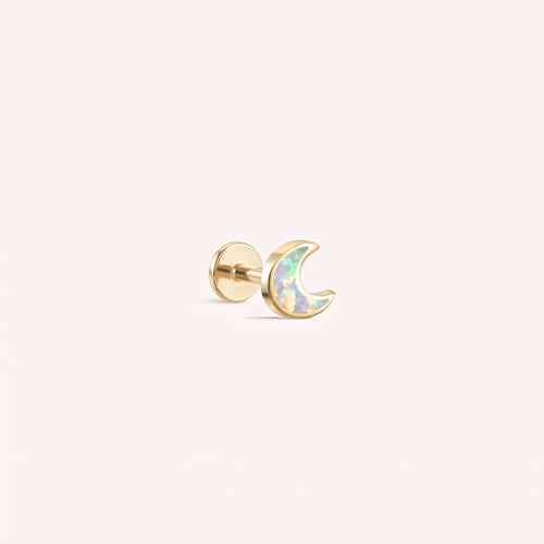 14K Solid Gold Opal Moon Threaded Labret Earring
