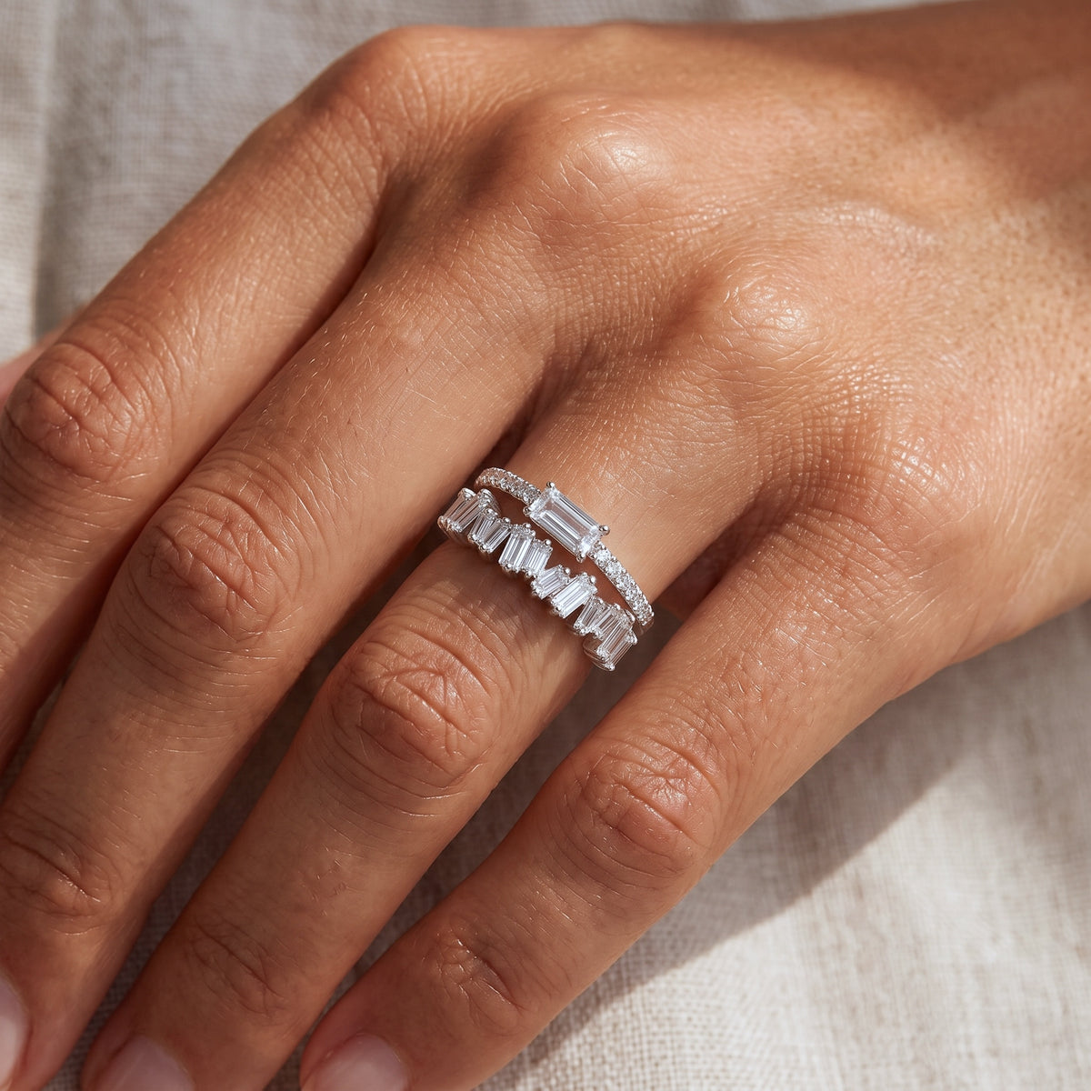 Anello Solitario Baguette in Argento