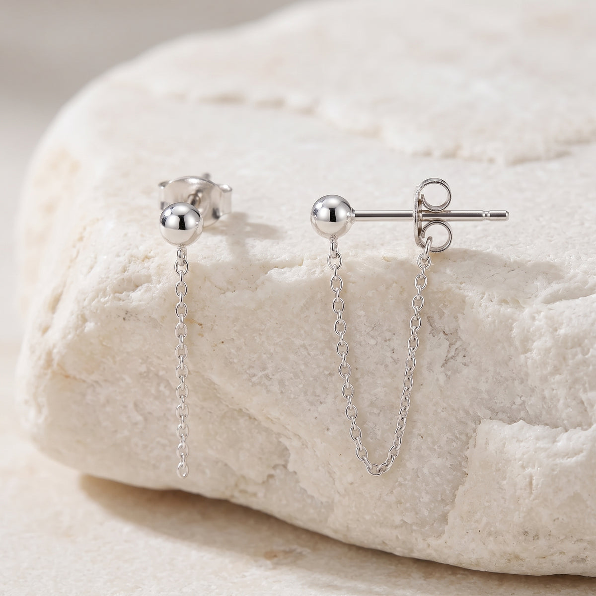 14K Massiv Weißgold Kugelkette Ohrstecker