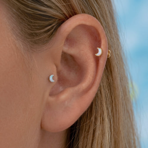14K Solid Gold Opal Moon Threaded Labret Earring