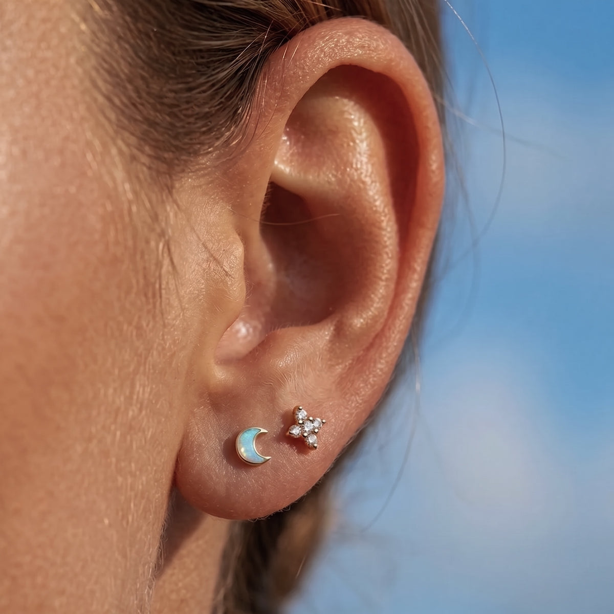 14K Solid Gold Opal Moon Threaded Labret Earring