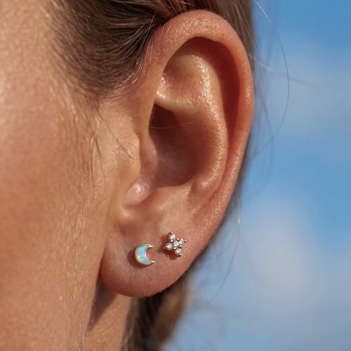 14K Solid Gold Opal Moon Threaded Labret Earring